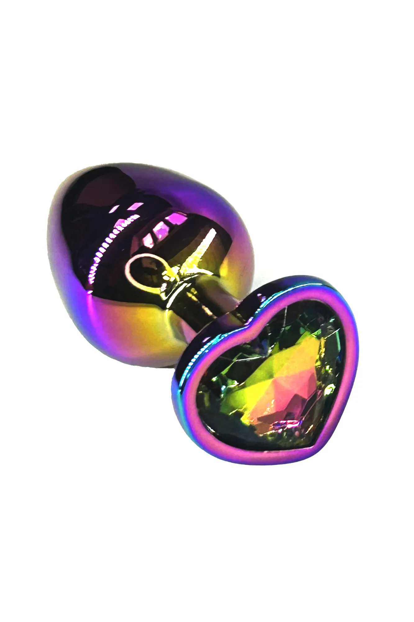 Анальная пробка из алюминия с кристаллом в форме сердца цвета неохром (Medium)