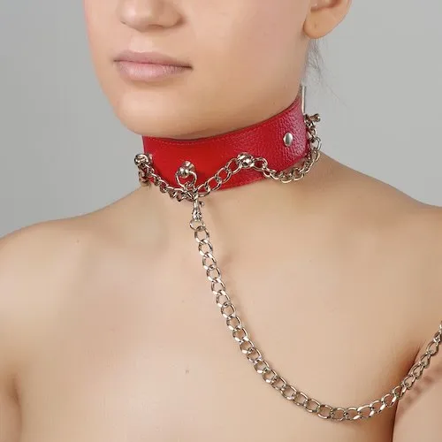 ошейник красный с металлической цепочкой по окружности и с цепочкой-поводком 3117-2 в 