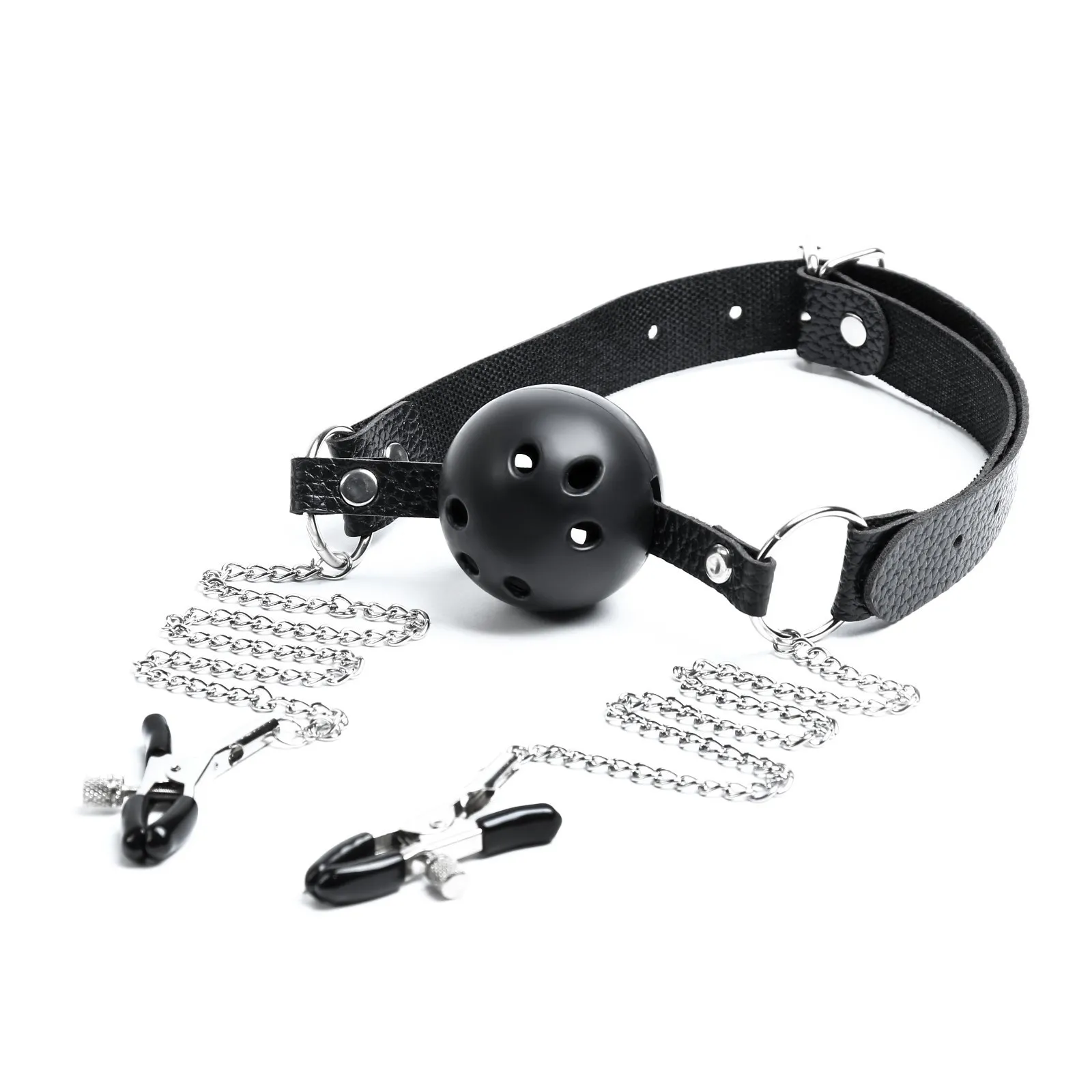 кляп бдсм оки-чпоки, кляп с зажимами для сосков, кожа, металл, черный в 