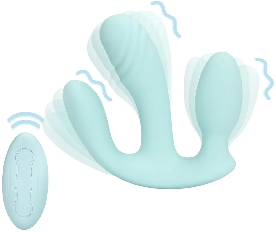 вибратор «три в одном» из жидкого силикона — breezy blue в 