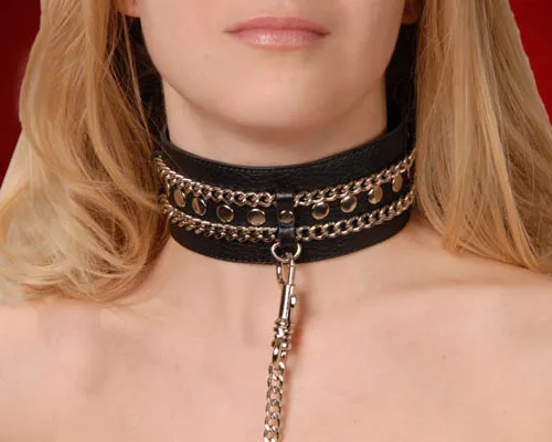 Ошейник кожаный черный шириной 50мм,с цепочкой-поводком с карабином длиной 50см 3101-1