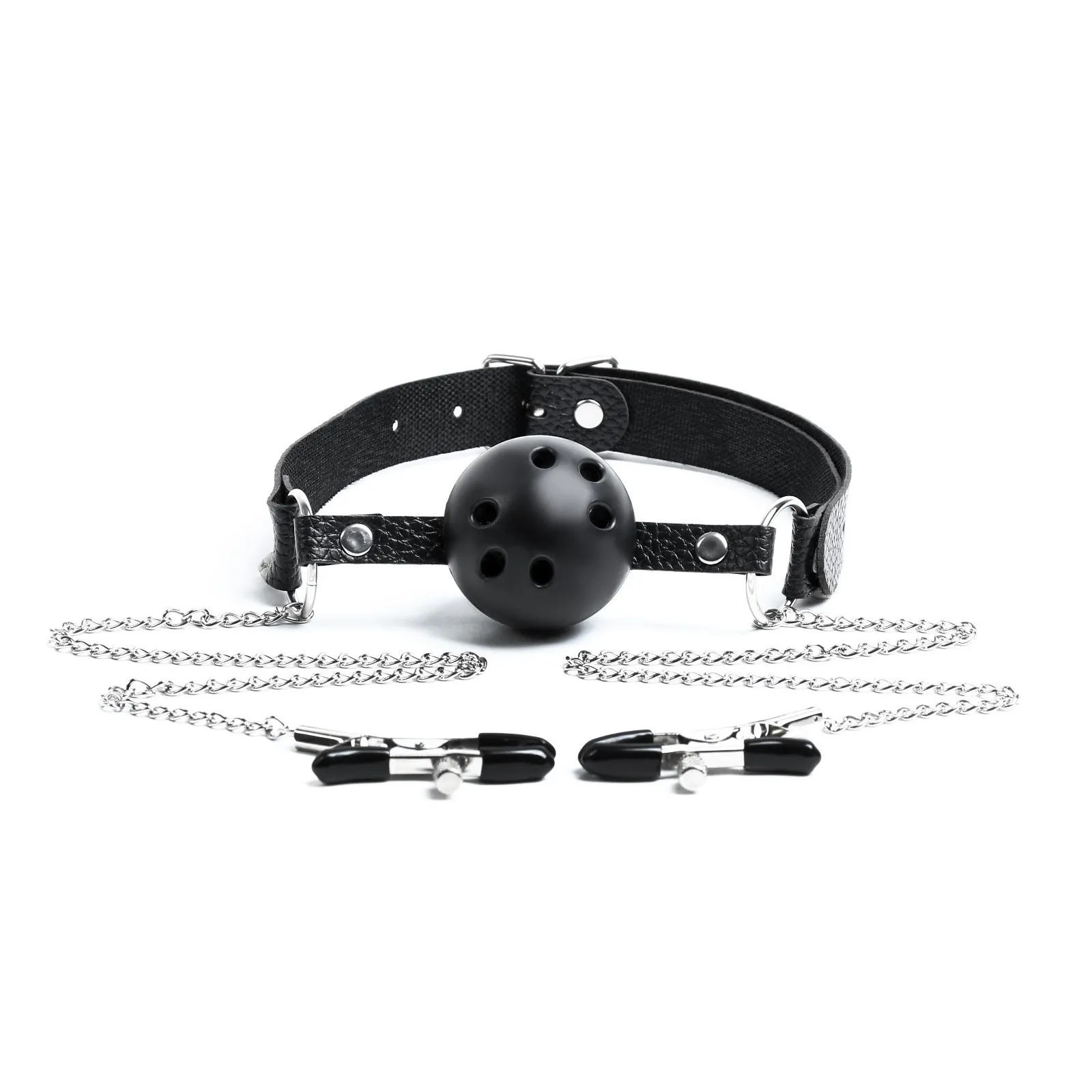 кляп бдсм оки-чпоки, кляп с зажимами для сосков, кожа, металл, черный в 