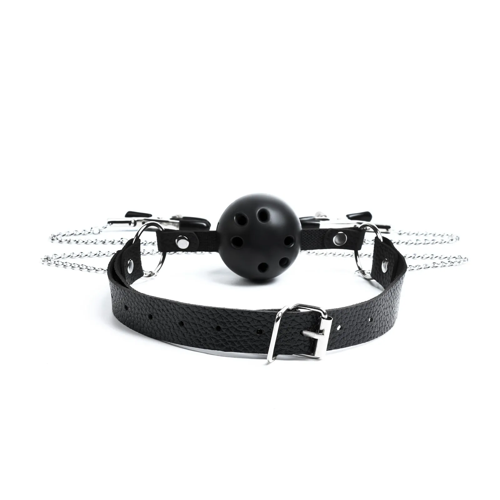 кляп бдсм оки-чпоки, кляп с зажимами для сосков, кожа, металл, черный в 