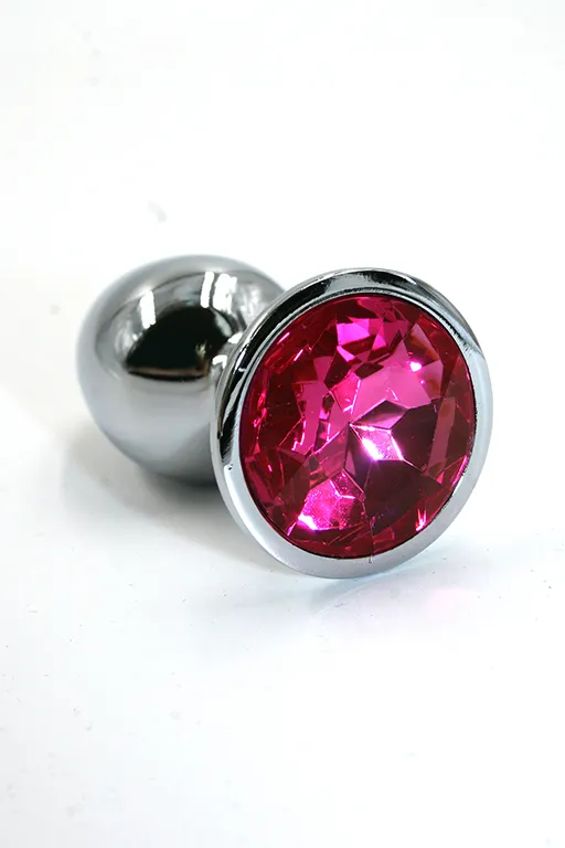 Серебряная анальная пробка с ярко-розовым кристаллом (Medium)