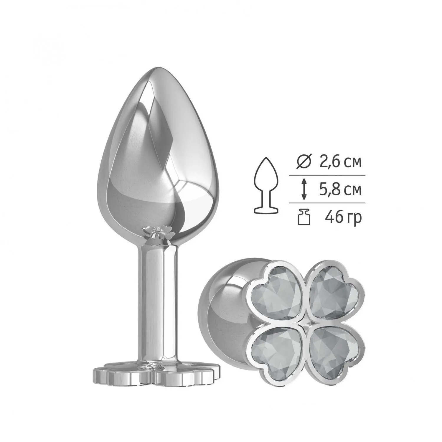 Анальная втулка Silver с прозрачным кристаллом "Клевер"