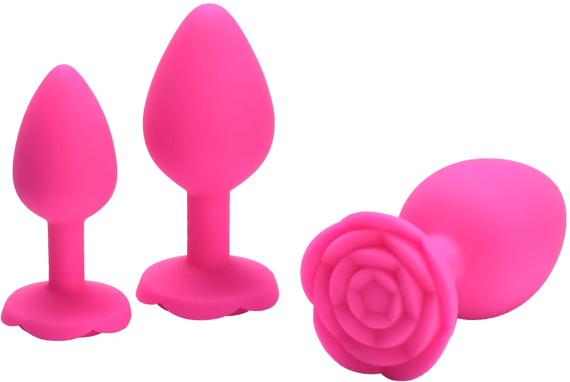 розовая силиконовая анальная пробка с ограничителем в форме розочки (размер м) в 