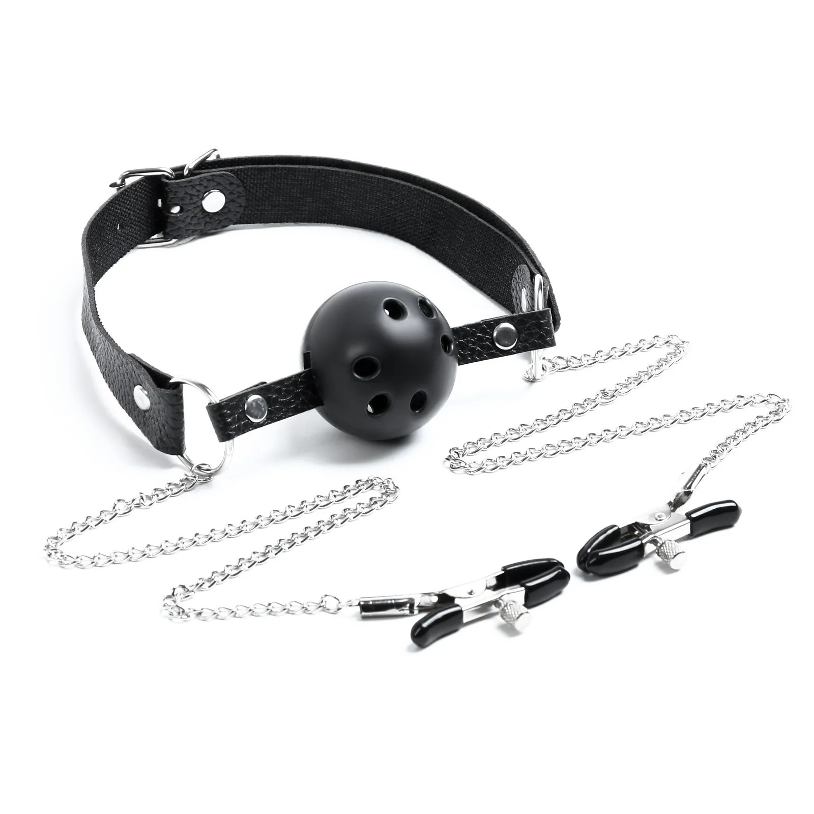 кляп бдсм оки-чпоки, кляп с зажимами для сосков, кожа, металл, черный в 