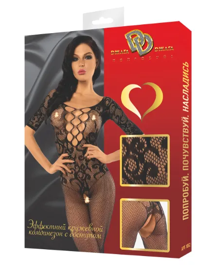 Эротическое комбинезон-сетка кружевной с доступом, черная в 