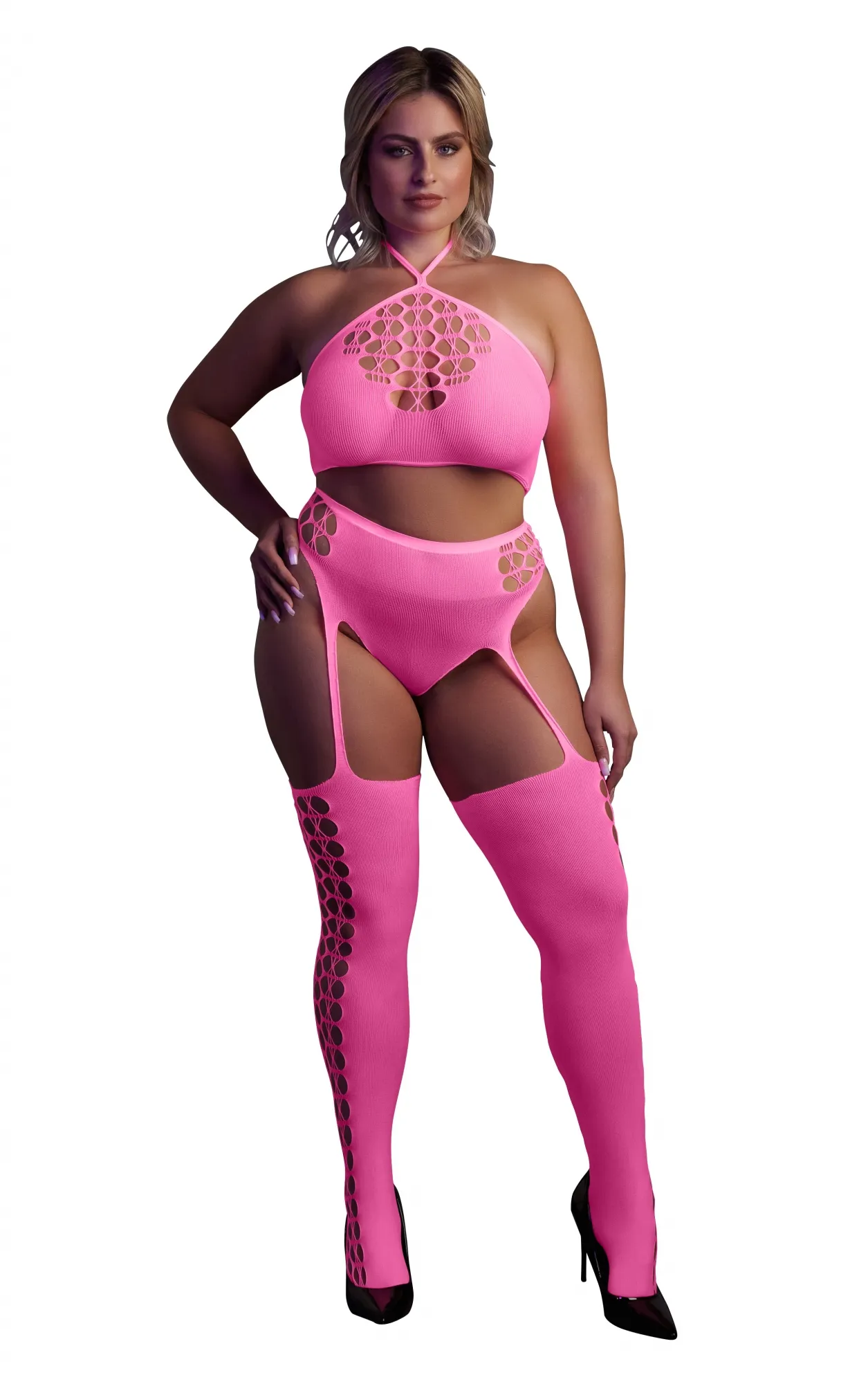 Эротическое неон комплект из топа с трусиками и чулками - xl/4xl в 
