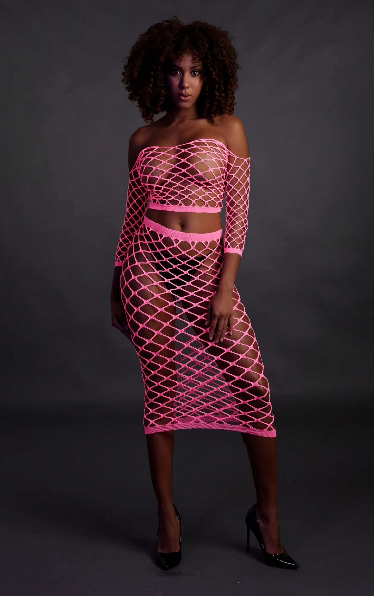 Эротическое топ в комплекте с нижней юбкой long sleeve crop top and long skirt - pink - xs/xl в 