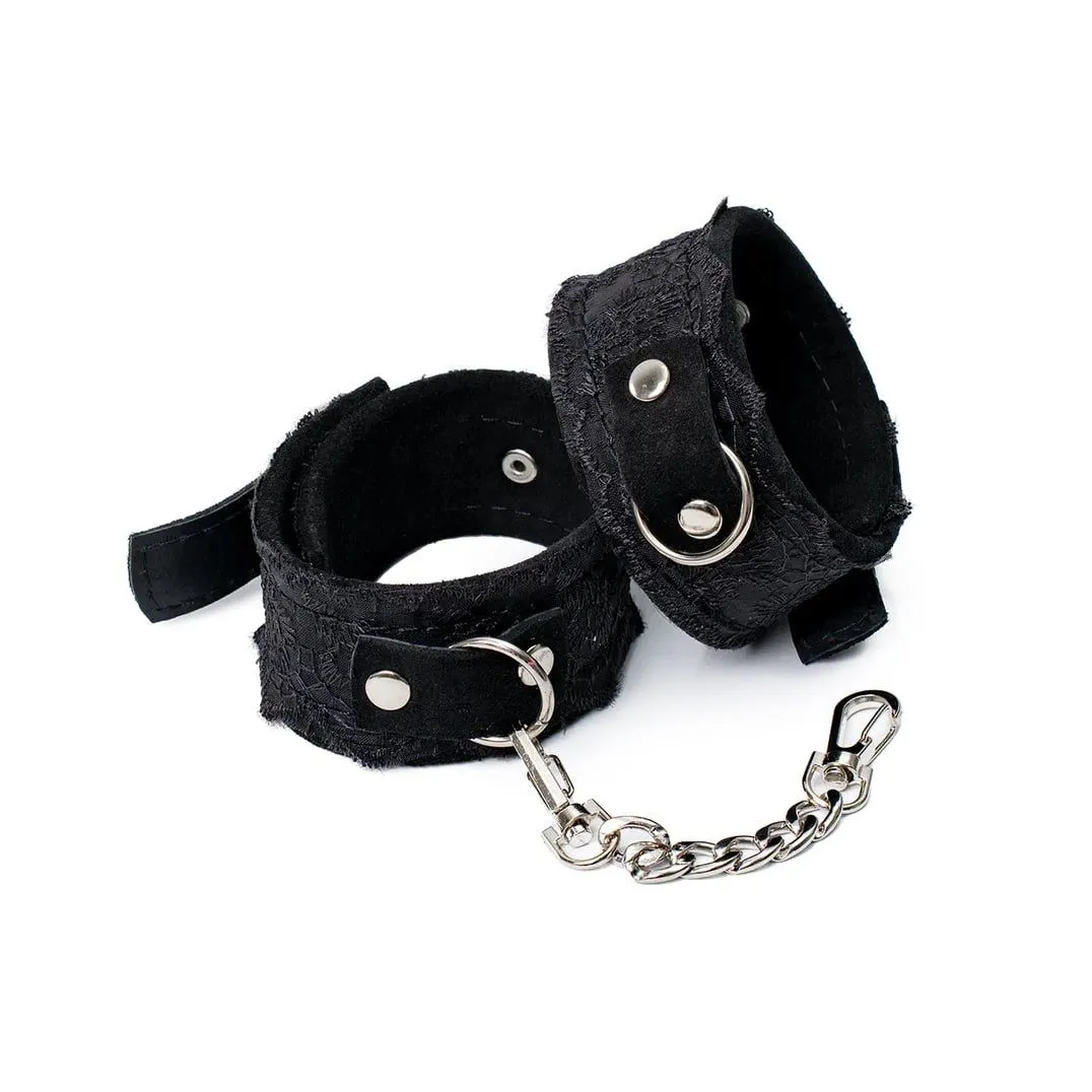 наручники замшевые с кружевом на цепочках, xl, чёрные в 