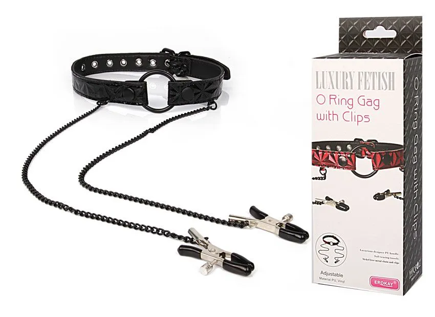кляп-кольцо с зажимами на соски o ring gag with clips, чёрный в 