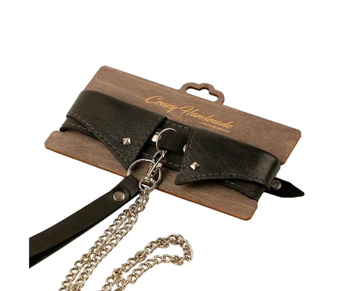 Ошейник-воротник PinkRabbit из кожи с поводком, чёрный