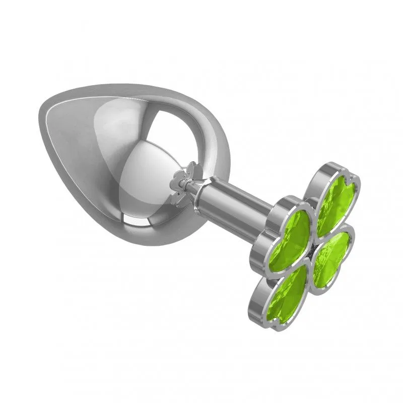 анальная втулка silver большая с салатовым кристаллом "клевер" в 