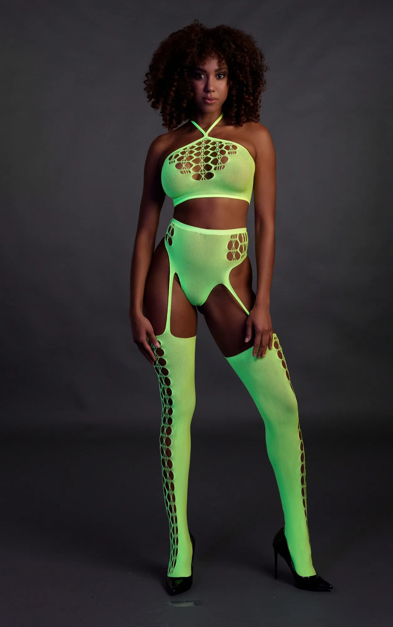 Эротическое топ в комплекте с чулками и трусиками two piece with crop top and stockings - green - xs/xl в 