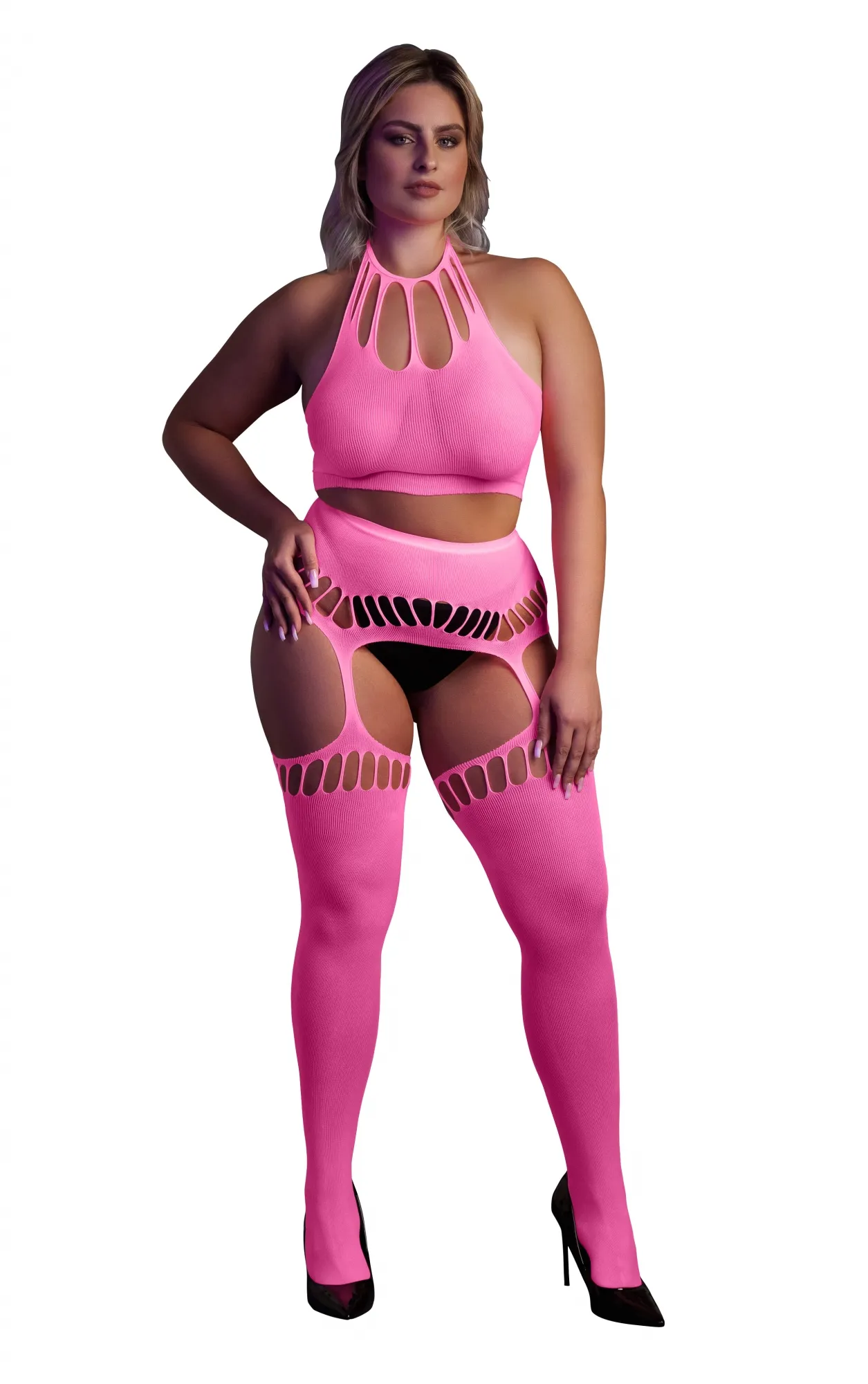 Эротическое неон комплект из топа с трусиками и чулками - xl/4xl в 