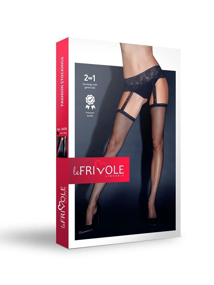 Эротическое чулки с черным кружевным поясом в сетку le frivole sense в 