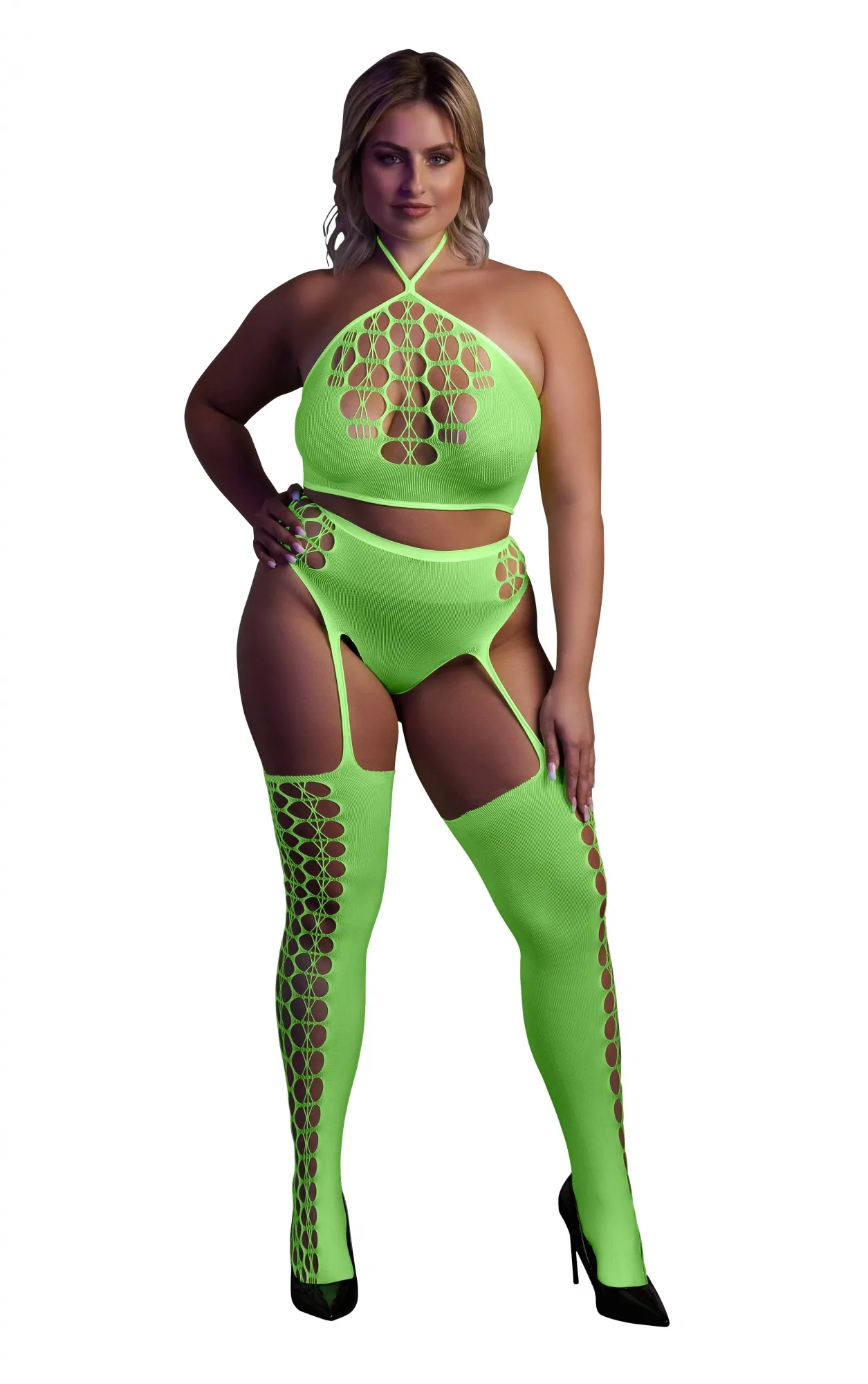 Эротическое топ в комплекте с чулками и трусами two piece with crop top and stockings - green - xl/xxxxl в 