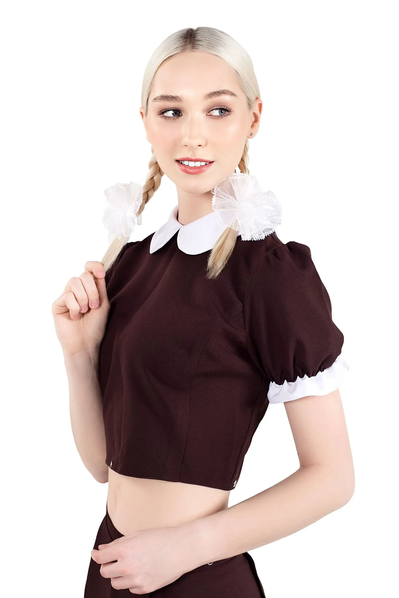 Эротическое верхняя часть костюма «русская школьница», pecado bdsm, топ, банты, коричнево-белый, 42 в 