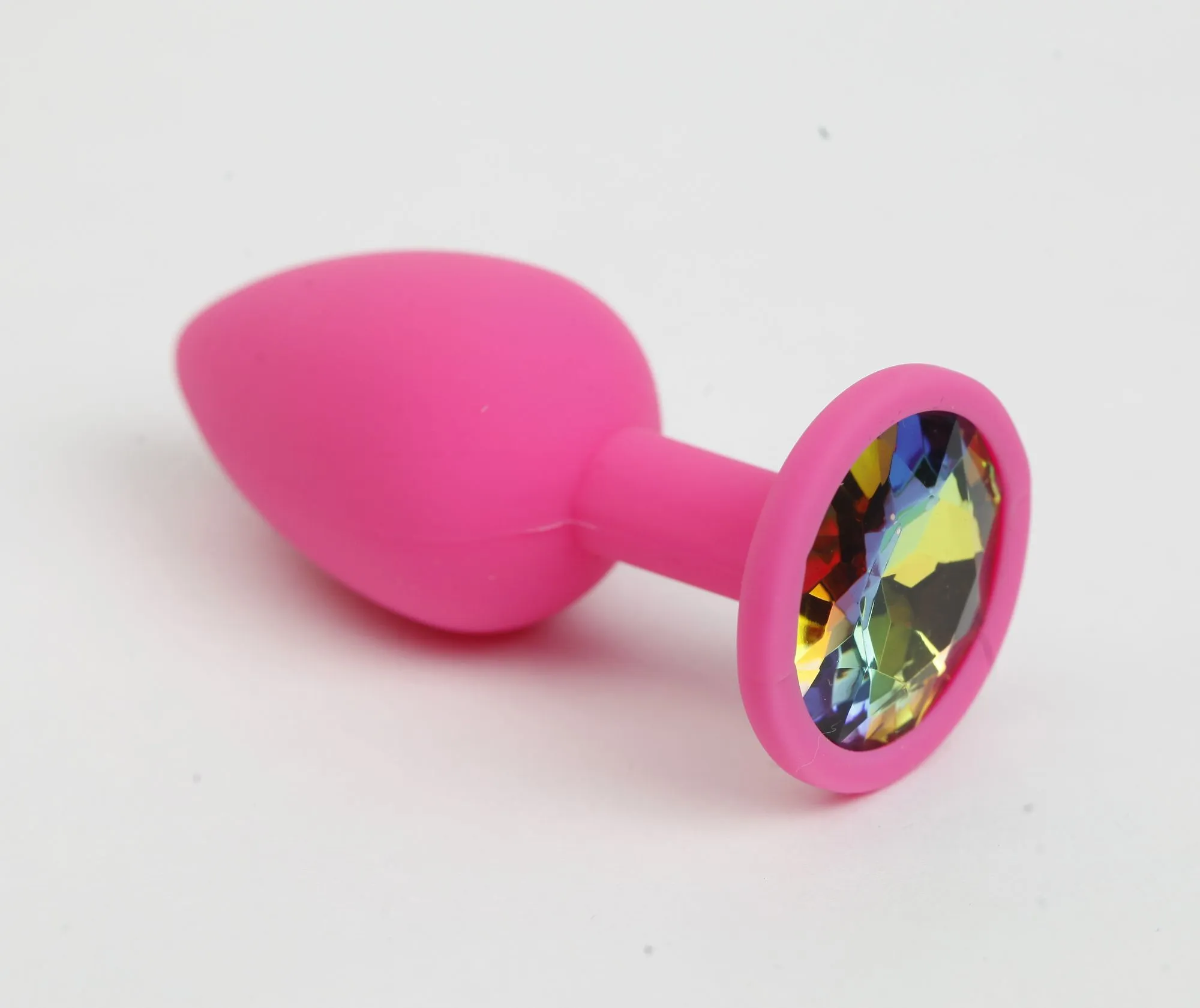 анальная пробка силиконовая розовая с радужным стразом 7,6х2,8 см 47512-mm в 