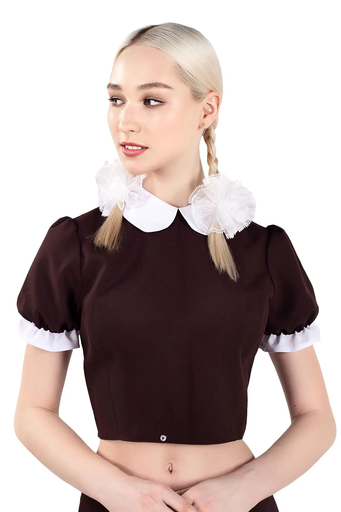 Эротическое верхняя часть костюма «русская школьница», pecado bdsm, топ, банты, коричнево-белый, 40 в 
