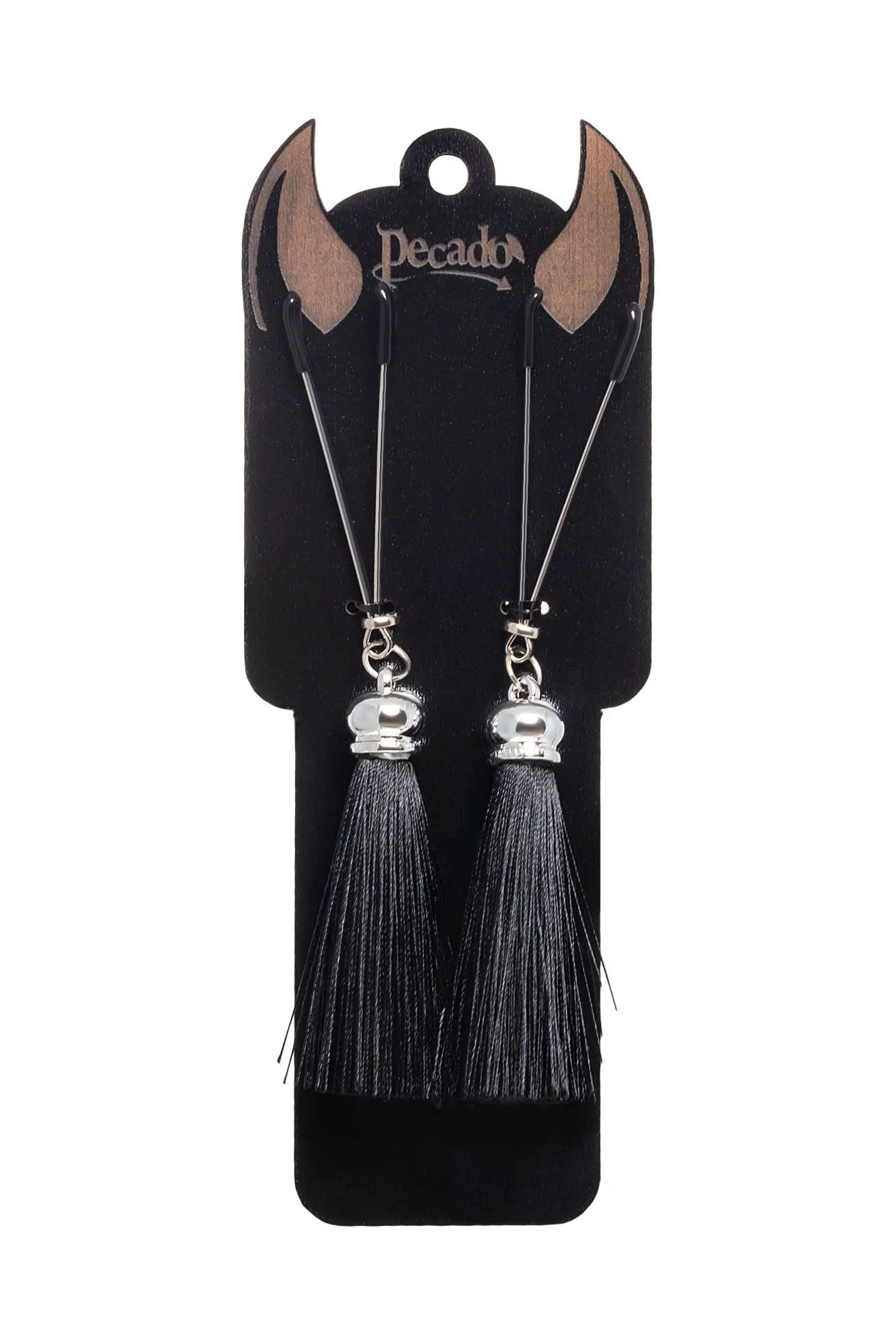 зажимы на соски pecado bdsm, «вилки», с кисточками из шелка, металл, черные в 