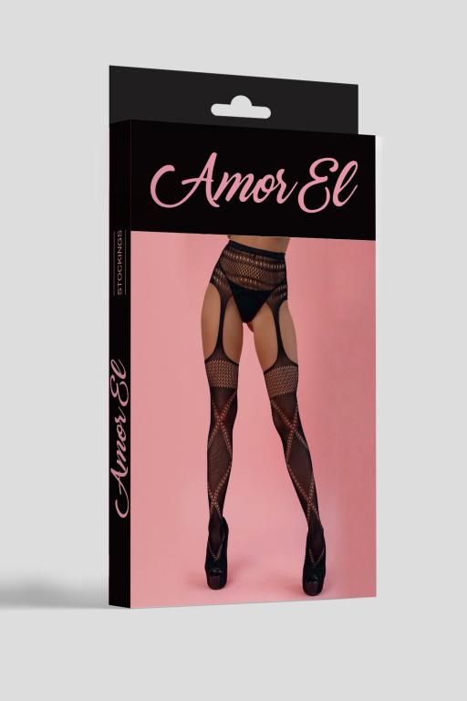 Эротическое колготки (имитация чулок с поясом) amor el (s/l) с перекрестным узором, черные в 