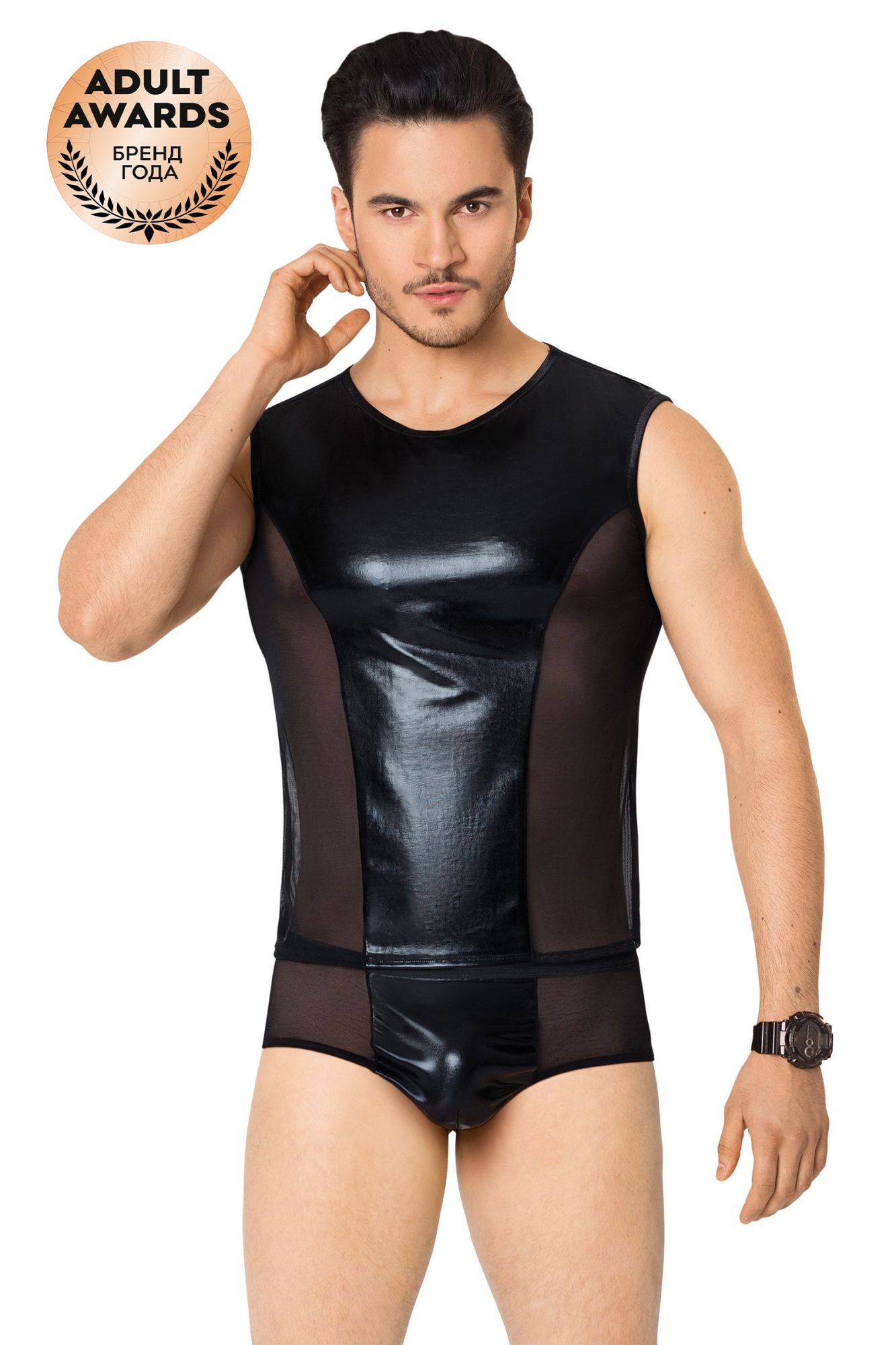 Эротическое костюм сетка + wetlook мужской softline collection (майка, шорты), черный, xl в 