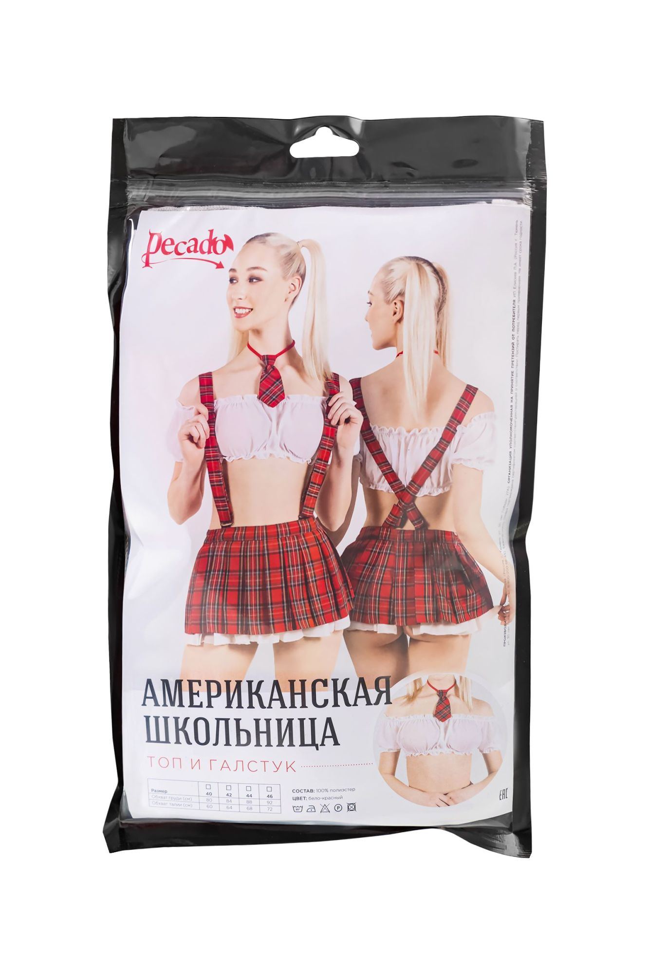 Эротическое верхняя часть костюма «американская школьница», pecado bdsm, топ, галстук, бело-красный, 40 в 