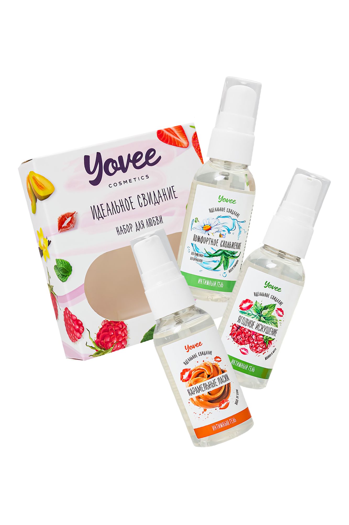 набор гелей-смазок yovee для любви (721010+721014+721054), вкус(мал/мята+карам) + увл(алоэ), 3х50 мл в 