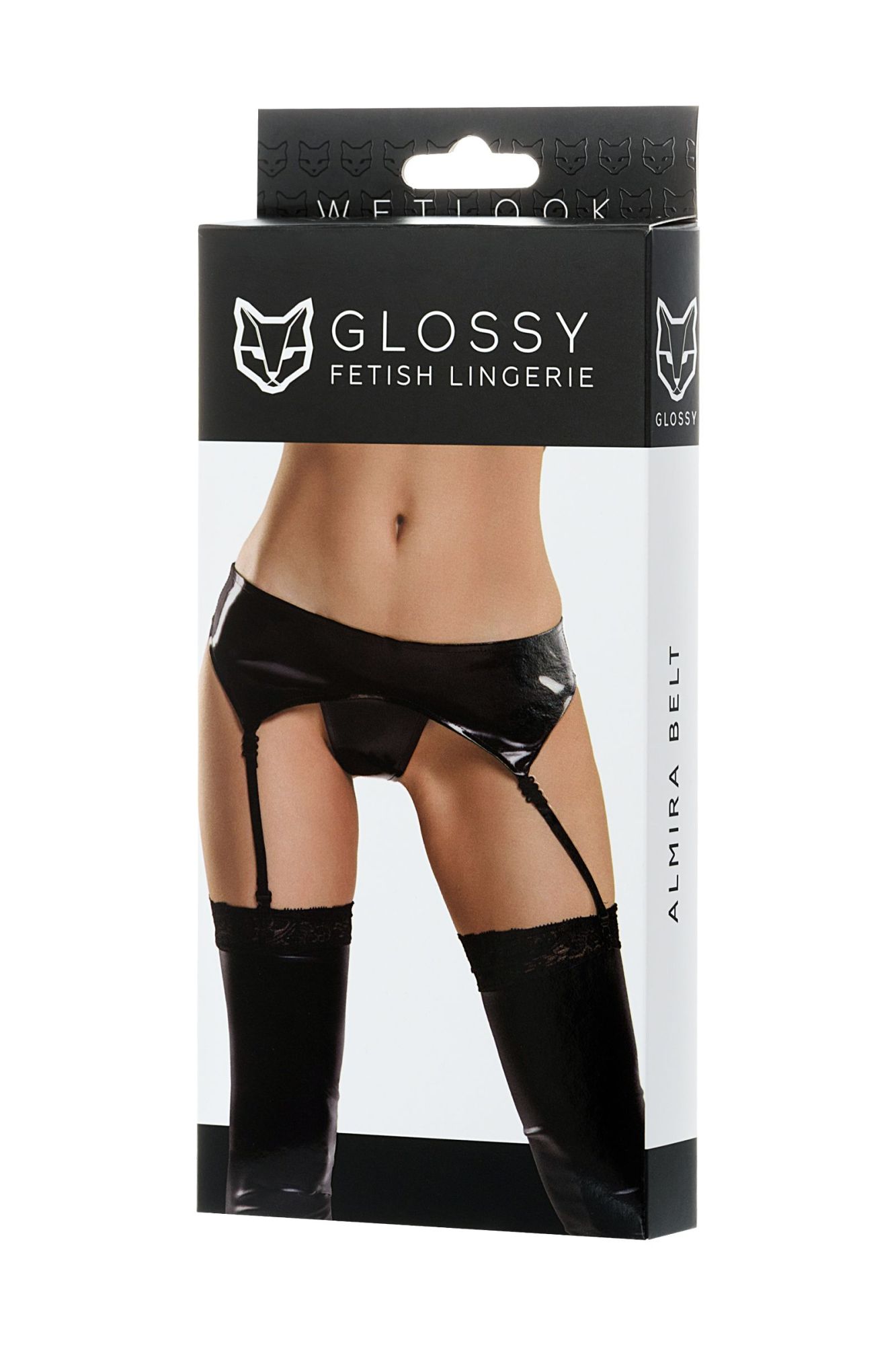 Эротическое комплект glossy almira из материала wetlook (пояс с пажами для чулок и трусики), черный, l в 